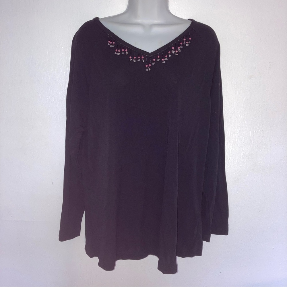 Carole Little Black Beaded Neckline Top Stretch JerseyTop 1X